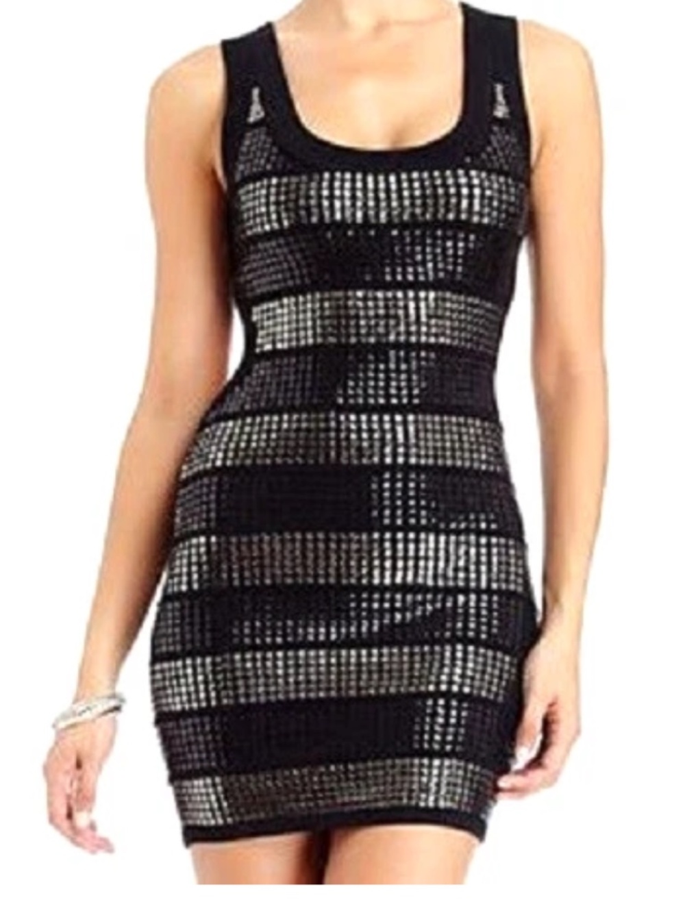 NWT Bebe 2b black silver sequin cutout open back Bodycon top dress size xs